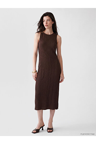 LC Waikiki Brown Crew Neck Gathered Textured Dress