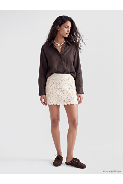 LC Waikiki Beige Elastic Waist Openwork Mini Knitwear Skirt