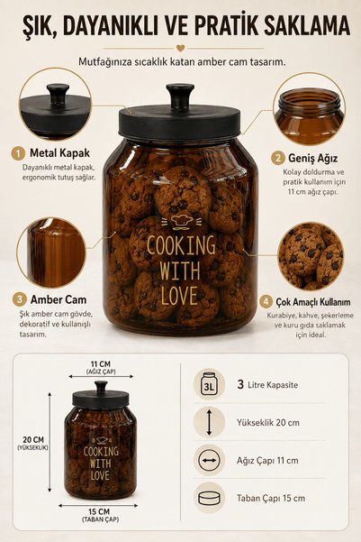 Jenisa 3 Liter Amber Glass Jar with Metal Lid Wide Mouth Cookie and Dry Food Storage Container