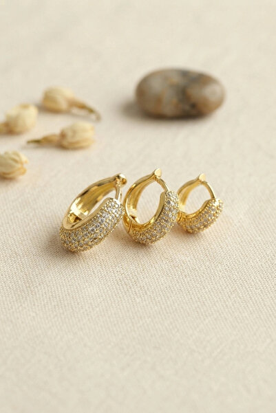 ARMÜZ Gold Color 3-Piece Zircon Stone Hoop Earring Set