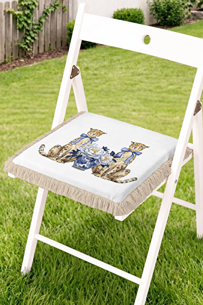 Realhomes Leopard and Blue Floral Patterned Fringed Zippered Chair Cushion wi...
