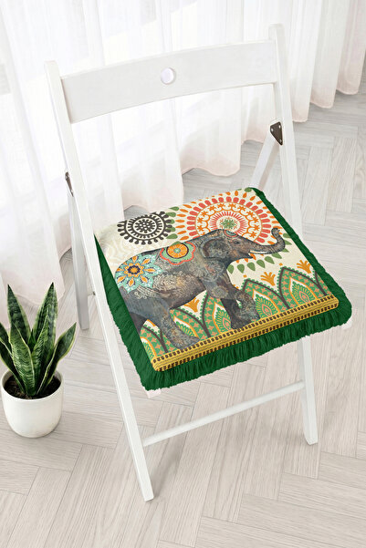 Realhomes Mandala Patterned Elephant Figured Fringed Zippered Chair Cushion -...