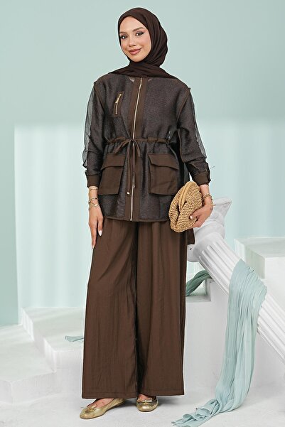 İmajButik Brown Waist-Tie Underwear Jacket and Trousers 3-Piece Set