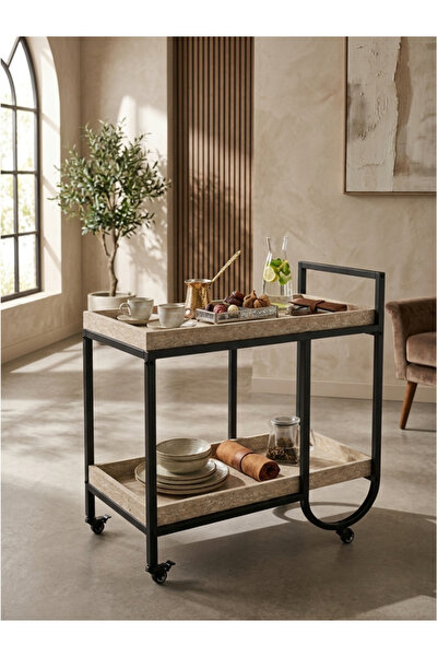DEC22 Modern Rove Wooden Trolley with Metal Legs and Movable Wheels