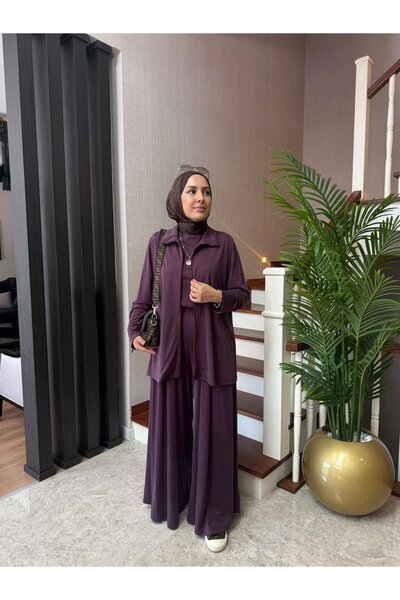 Esra Butik78 Tensel Doğal Pike Kumaş Mürdüm 3'lü Takım – Büyük Beden Uyumlu E...