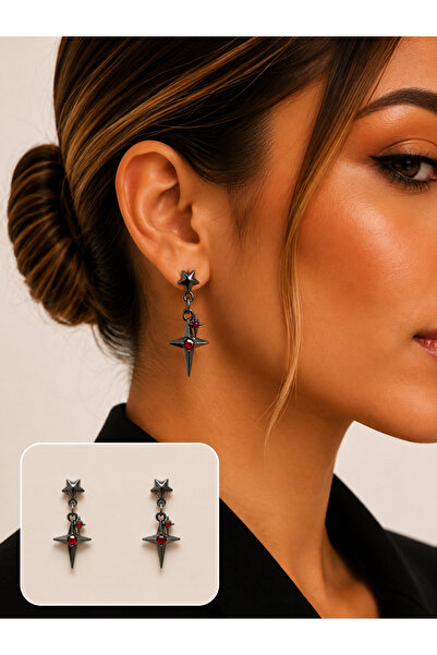 synshop Gothic Star Figured Dangle Earrings Red Stone Black Metal Y2K Punk Wo...