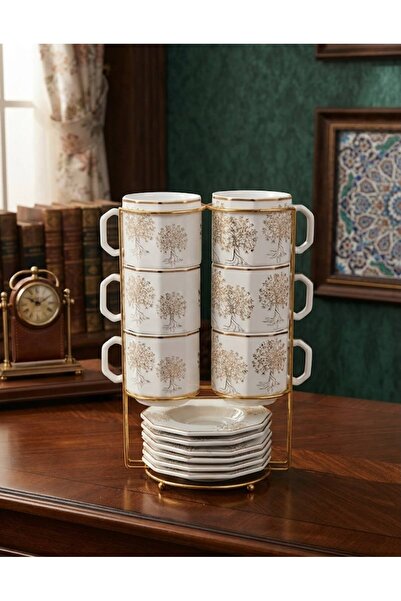 Smart Kitchen طقم أكواب سيراميك/بورسلين مكوّن من 12 قطعة مع الصحون وحامل معدن...
