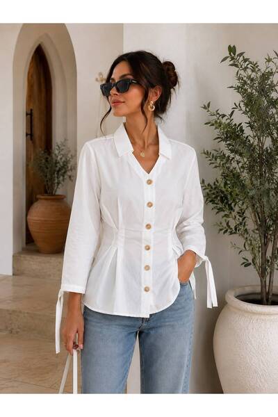 mega lucky Women's White Waist Detailed Tie-Sleeve Shirt