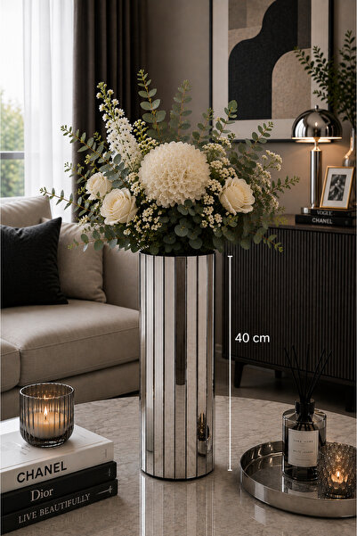 BeQ Home Yapay Çiçek Vazosu- Aynalı Vazo- Dekoratif Ayna Vazo- Silindir (Yuva...