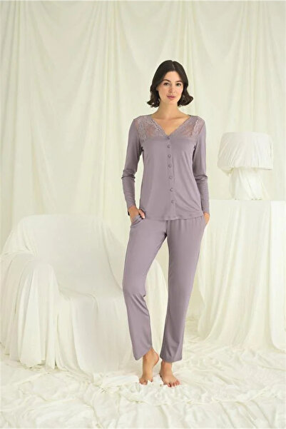 Veraura Lifestyle Buttoned Pajama Set with Lace Collar and Shoulder Sleeves