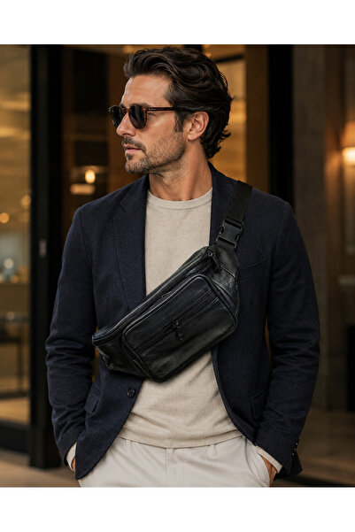 Generic Brand Genuine Leather Crossbody Waist Bag for Men – Multi-Pocket Adju...