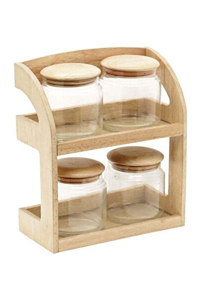 Quality Wood طقم من 4 قطع من أوعية التوابل المصنوعة من خشب المطاط والزجاج مع ...