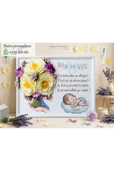 OEM Tablou „Vreti să fiti nașii mei?”, Baiat, cu flori de sapun - 15x20 cm