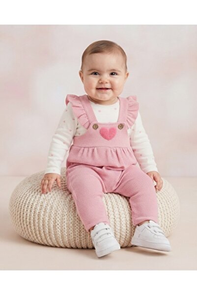 VOY KİDS Baby Girl Heart Embroidered Salopet Jumpsuit and Underwear Set 6-9-1...