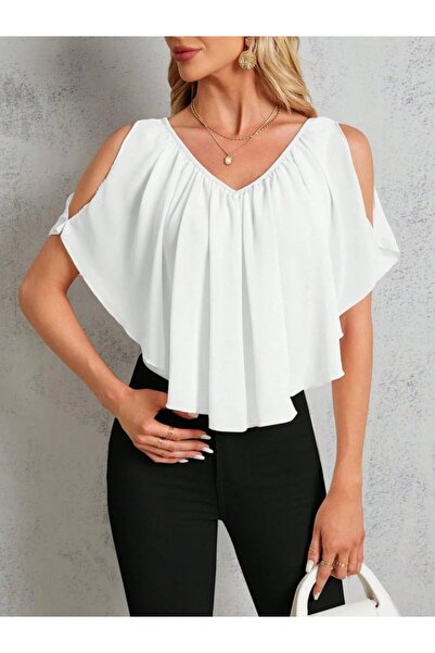 Şeker Portakalım Women's Short Sleeve V-Neck Off the Shoulders Loose Chiffon ...