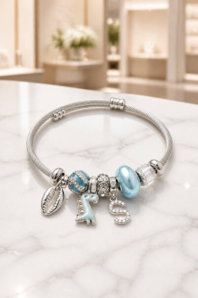 LYKOS Multiple Charm Steel Bracelet with Letters and Dinosaur Figures - Adjus...