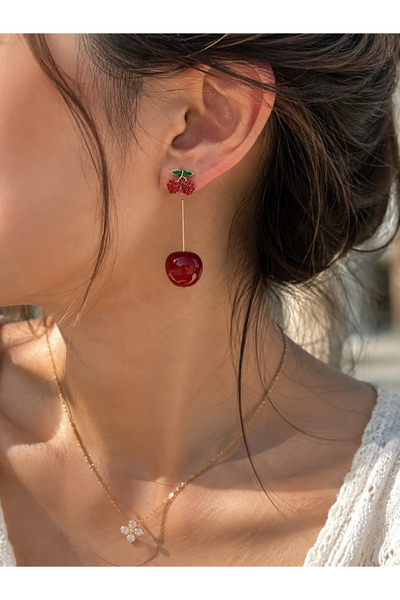 MODA Maisonlune Cherry Figured Dangle Earrings for Women with Red Stones Gold...