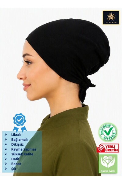 Eltanin بونيه قطني أسود ممشط بدون خياطة مع رباط من الليكرا (نسيج قطن وليكرا، ...