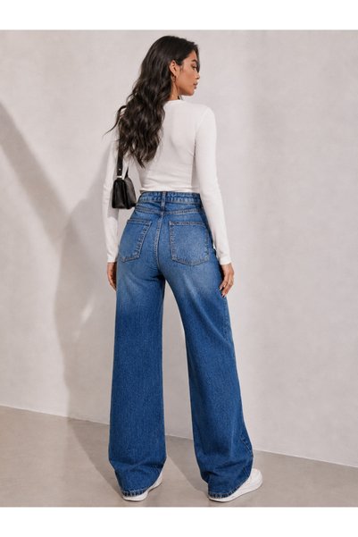 SHEVEGA Kadın Mavi Bol Paça Palazzo Jeans Salaş Kot Pantolon