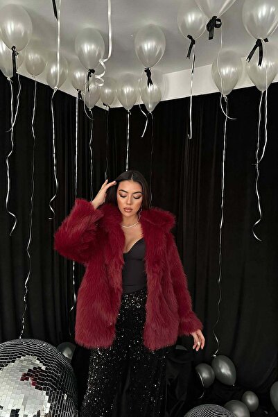 Moda Days Women's Burgundy Faux Fur Jacket with Furry Collar, Long Sleeves, T...