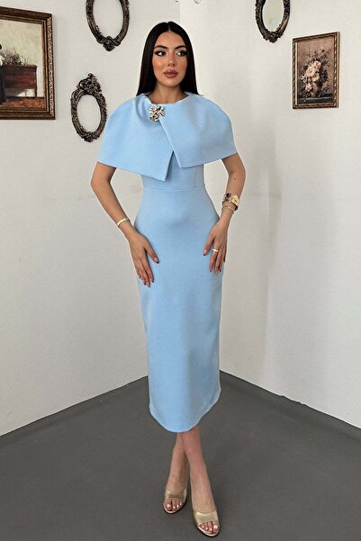 Moda Days Women's Blue Midi Pencil Dress with Cape, Single Buckle Lined Event...