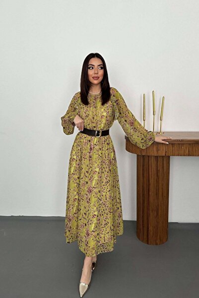 Moda Days فستان نسائي طويل الأكمام من الشيفون الأخضر مزين بالزهور والكشكشة