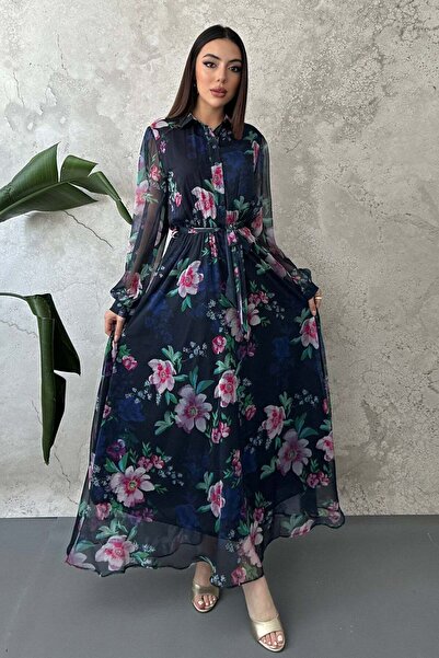 Moda Days فستان نسائي طويل الأكمام من الشيفون بنقشة الزهور باللون الأزرق الدا...