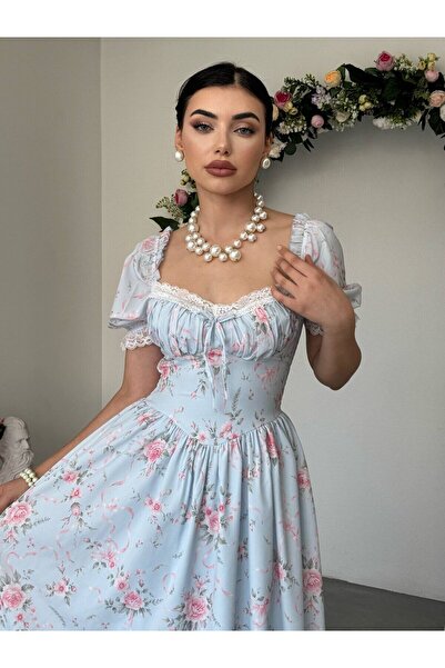 Clothes Fast فستان نسائي متوسط الطول باللون الأزرق مزين بالزهور وتفاصيل من ال...