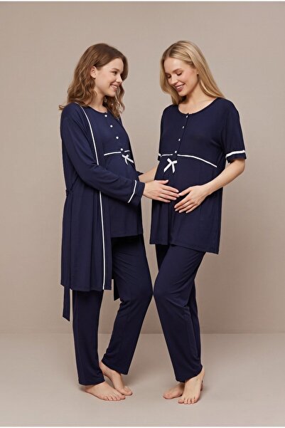 Pelin Women's Navy Blue Arabic Buttoned Robe Maternity Pajama Set