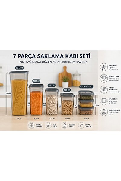 Genel Markalar Evince 7'li Saklama Kabı Seti Mutfak Düzenleyici Erzak ve Bakl...