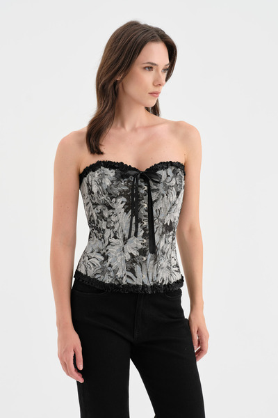 tw3 Women's Underwire Jacquard Fabric Detailed Strapless Design Corset