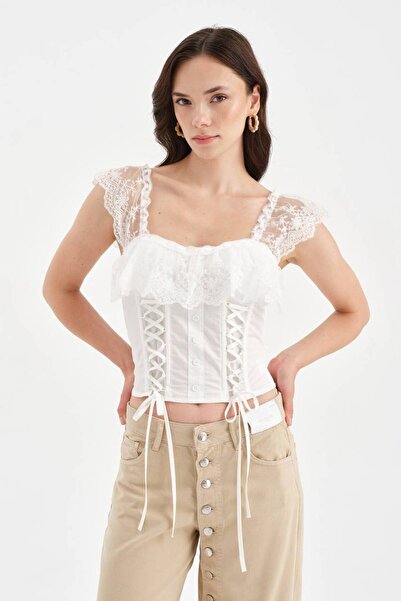 tw3 Women's Corset with Covered Bust and Lace Ruffle Detail on the Shoulders