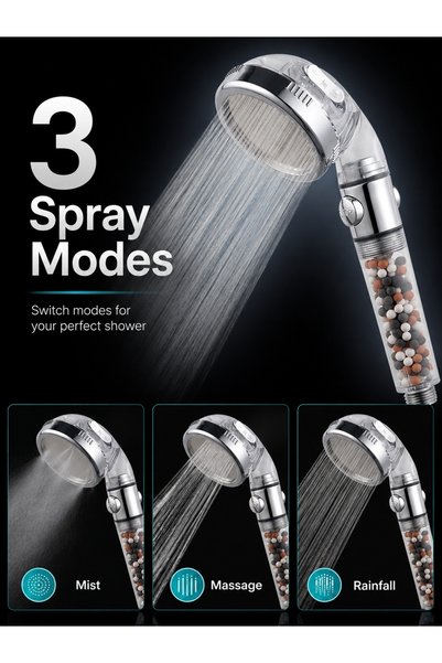 Newstar High Pressure Filtered Handheld Shower Head, 3 Spray Modes, One-Touch Stop