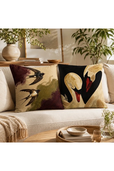 Piloji Bird and Swan Patterned Decorative Throw Pillow Cover 43X43 cm Digital...