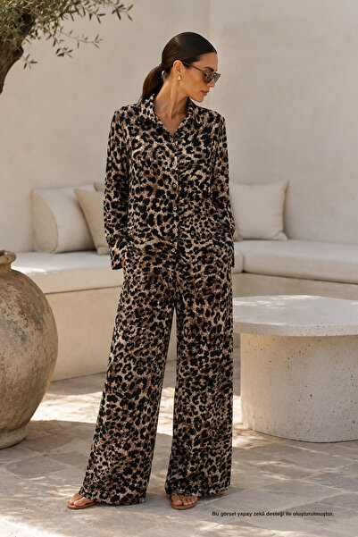 Rhen Store Leopard Shirt Wide Leg Pants Set