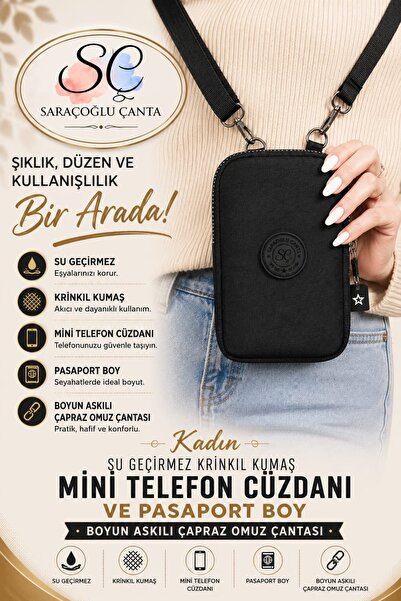 sç Saraçoğlu Çanta حقيبة هاتف نسائية صغيرة من القماش المجعد المقاوم للماء، حق...