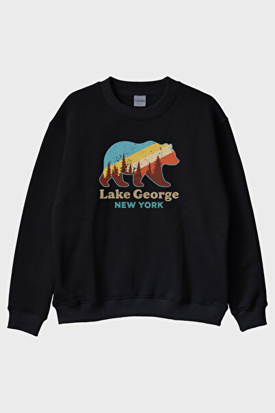 lofux Lake George New York Printed Black Crew Neck Sweatshirt with Bear Silho...
