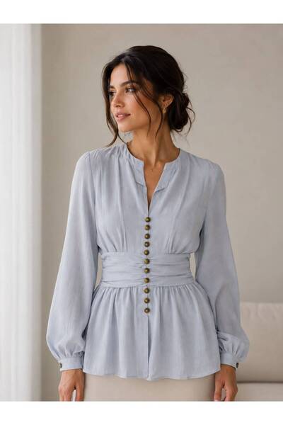 Verona Women's Peplum Button Front Ruched Waist Blouse - Long Sleeve