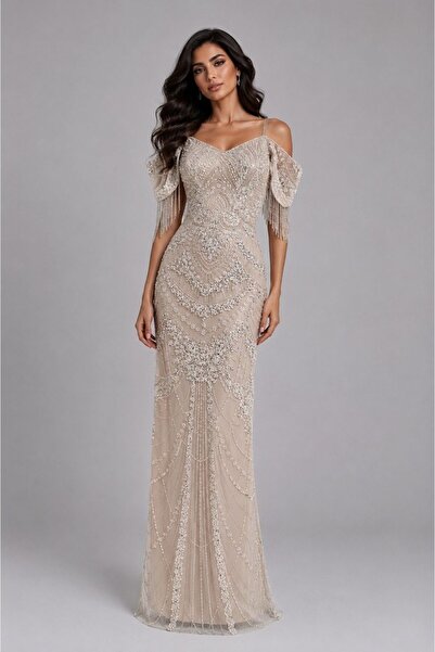 ranin Beige Tulle Evening Dress with Kloshe Beaded Embroidery