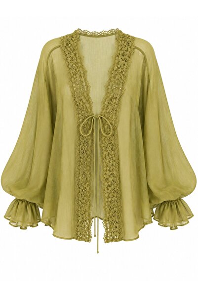 Laluvia Olive Lace Transparent Blouse - 5108