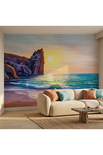 DecorDrive Gün Batımında Deniz ve Kayalıklar Yağlı Boya Duvar Kağıdı