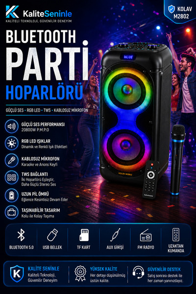 KALİTESENİNLE Taşınabilir Bluetooth Parti Hoparlörü Kablosuz Mikrofonlu LED I...