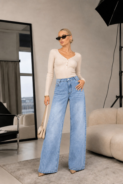 SHEVEGA Women's Ice Blue Ice Snow Wash Palazzo Jean Loose Denim Trousers with...