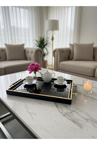 Altabi Aynalı Cam Servis Tepsisi – Füme Aynalı, Metal Kulplu 46x28 cm