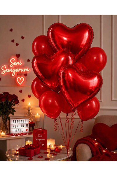 Partixa Romantik Kırmızı Kalp Folyo Balon Seti - Sevgililer Günü ve Evlilik T...