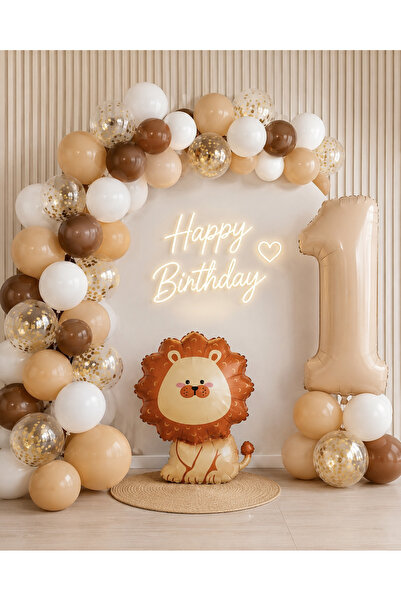 Öztürkpartievi 50-Piece Lion Themed 1St Birthday Balloon Set Beige Brown Whit...