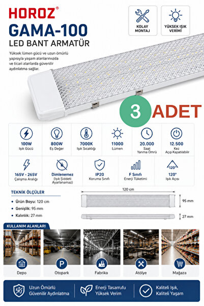 Horoz 3 ADET Gama-100 100W 120 cm LED Bant Armatür 11000 Lümen 7000K Beyaz Iş...