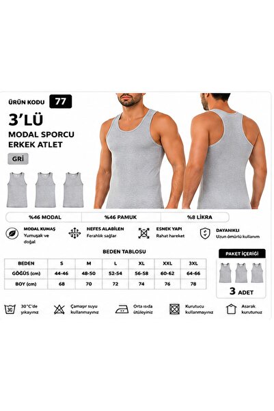 Yıldız Çamaşır Men's Modal Athlete Lycra Undershirt (77-78-79) - 3 Pieces