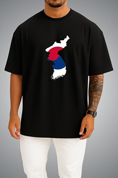 Bahriyeli Collection Oversize South Korea Flag and Map Chest Printed Unisex T...
