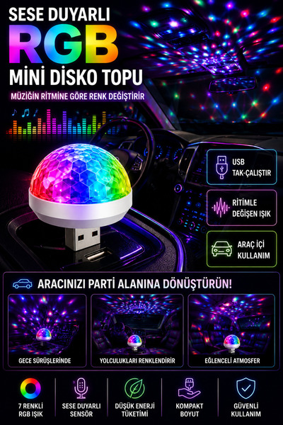 Hane Dostu 7 Renk USB Sese Duyarlı RGB Mini Disko Topu Araç İçi Parti Lambası...